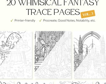 20 Whimsical Vol 3 Fantasy Trace & Color Pages – Adult Stress Relief Designs (PDF)