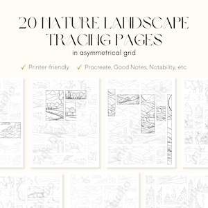 Op de afbeelding: Een verzameling van 20 natuurlandschap traceerpagina's in een asymmetrisch raster. De pagina's zijn printervriendelijk en compatibel met Procreate, Good Notes en Notability. De afbeelding toont voorbeelden van de traceerpagina's met verschillende landschapsontwerpen.