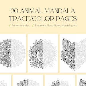May include: An image showcasing 20 animal mandala trace and colour pages. The designs are intricate black and white illustrations of animals, such as a fox and a bird, within mandala patterns. The text indicates the pages are printer-friendly and compatible with digital apps.