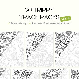 Puede incluir: Una colección de 20 páginas de trazo psicodélicas, Vol. 2, con ilustraciones caprichosas de delfines, planetas y otros elementos de fantasía. El texto incluye "Imprimible" y "Procreate, Good Notes, Notability, etc."