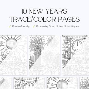 Op de afbeelding: Zwart-wit kleurplaten met een Nieuwjaarsthema. De tekst bovenaan luidt "10 New Years Trace/Color Pages". De pagina's bevatten afbeeldingen van vuurwerk, een discobal en Big Ben.