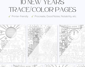 10 New Years Tracing Pages – Stress Relief, Adult Coloring Book (PDF)