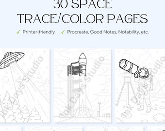 30 Space Trace & Color Pages – Stress Relief, Art Therapy (PDF)