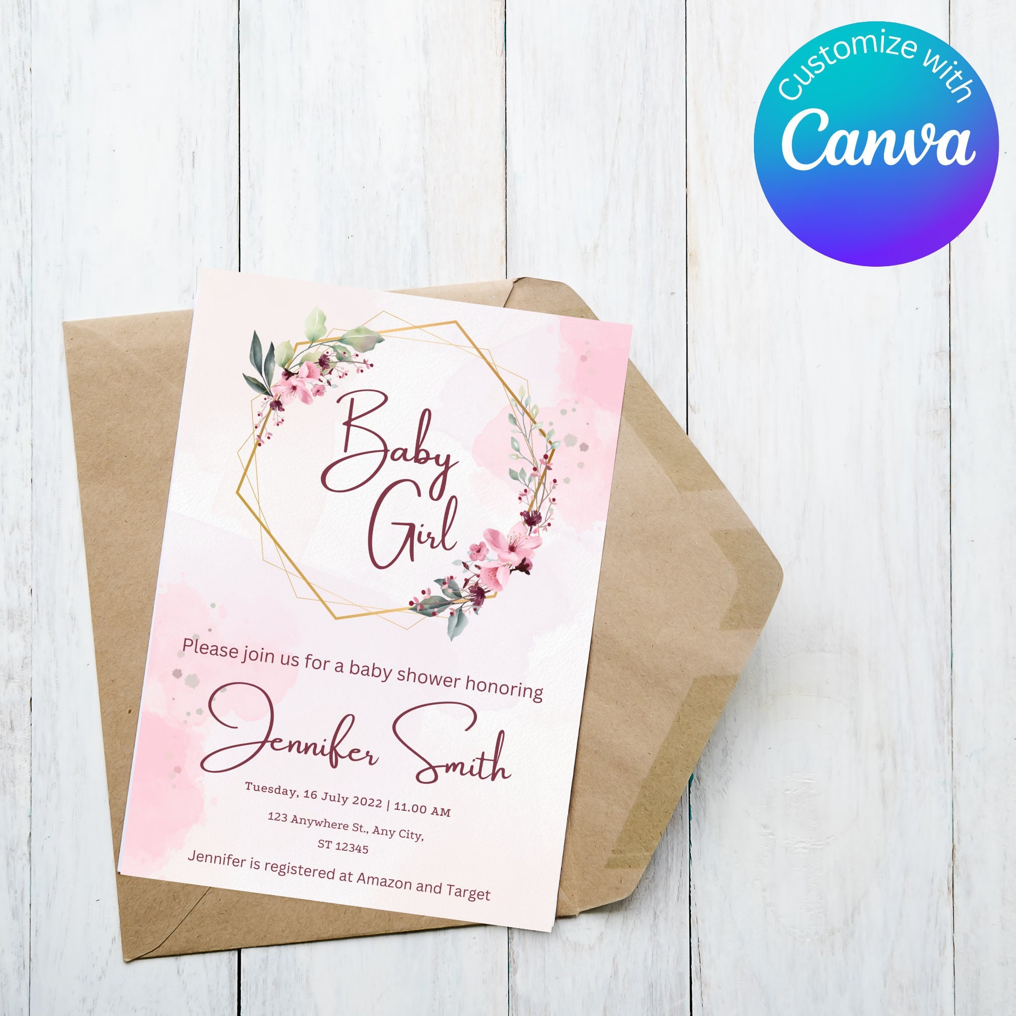 Pink Floral Baby Shower Invitation Template Download, Printable Baby Shower, Girls Baby Shower ...