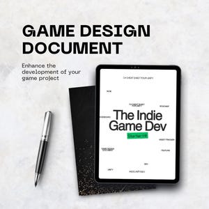 May include: A tablet displaying the text The Indie Game Dev Starter Kit, C# Cheat Sheet for Unity, Roadmap, Asset-Tracker, and Game Design Document. A black pen with silver accents lies next to a black notebook with gold speckles on a white surface.