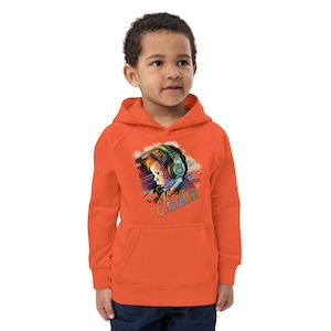 May include: Orange kids' hoodie with a colorful illustration of a child wearing headphones and the text "C.O.2.0".