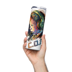May include: White stainless steel tumbler with a colorful illustration of a child wearing headphones and the text "C.O.2" printed on the side.