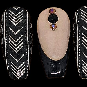 Black French Manicure Inspired Press-on Nails accented with African Print Nails and Rhinestones image 3
