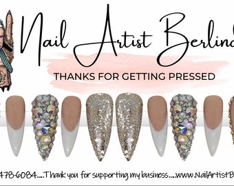 French Manicure Inspired Press-on Nails with Glitter and Swarovski Crystals