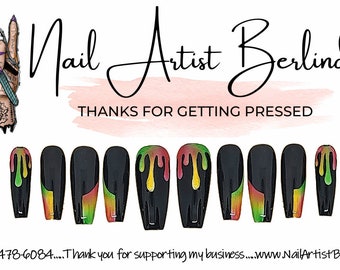Press-on Coffin Shaped Black and Rainbow Half French Manicure inspired nails with Paint Drip