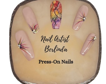 Natural Colored Press-on Nails with Marbleized nails, Rainbow Sprouts and Rhinestones