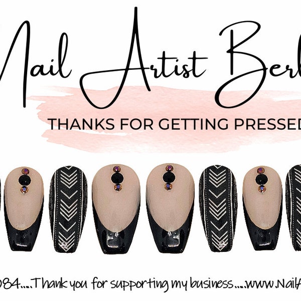 Black French Manicure Inspired Press-on Nails accented with African Print Nails and Rhinestones