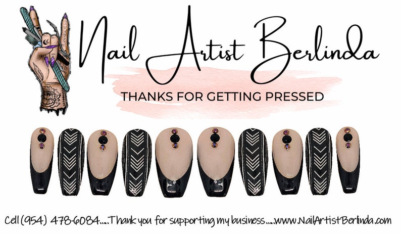 Black French Manicure Inspired Press-on Nails accented with African Print Nails and Rhinestones image 1