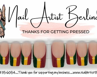 Vibrant African-Inspired Press-On Square Nails with a Touch of French Manicure Flair