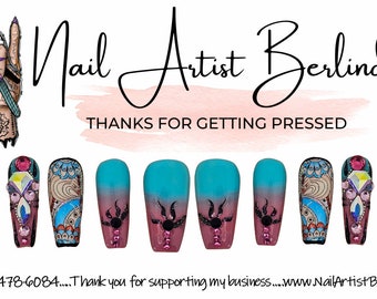 Blue and Pink Ombre Press-on Nails accented with Bling and Deco-Art