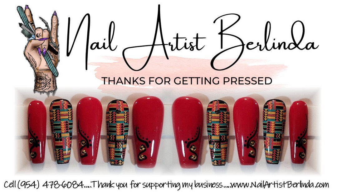 Red With Kente Cloth African Print Presson Nails Etsy