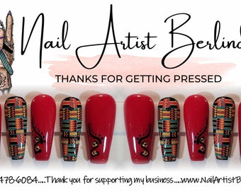 Red with Kente Cloth African Print  press-on nails