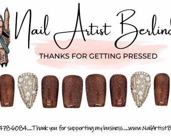 Brown Glittered Press-on Nails with Stiletto Junk Nail Bling