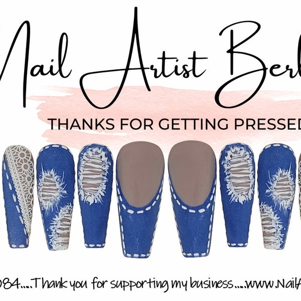 Trendy Lace Accent Press-On Coffin Nails with a Blue and White Ripped Denim look