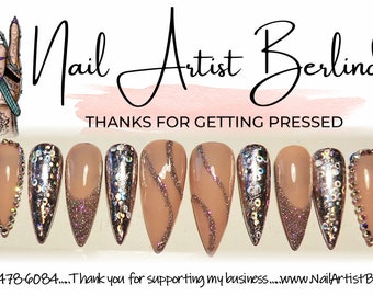 Sparkling Natural Glitter and Silver Press-On Stiletto Nails Adorned with Dazzling Bling