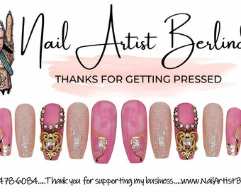 Pink Coffin shaped Press-on nails with Pink Glitter, and Jeweled Bling
