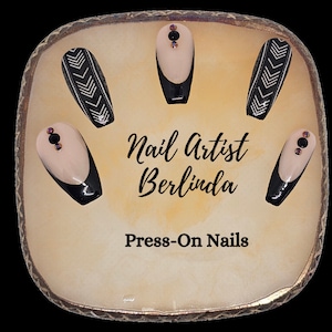 Black French Manicure Inspired Press-on Nails accented with African Print Nails and Rhinestones image 2