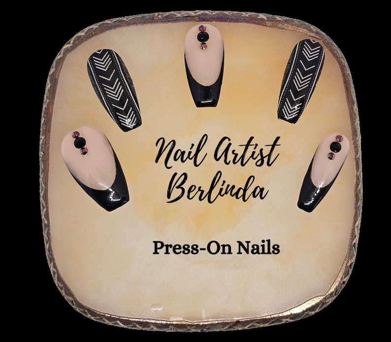 Black French Manicure Inspired Press-on Nails accented with African Print Nails and Rhinestones image 2