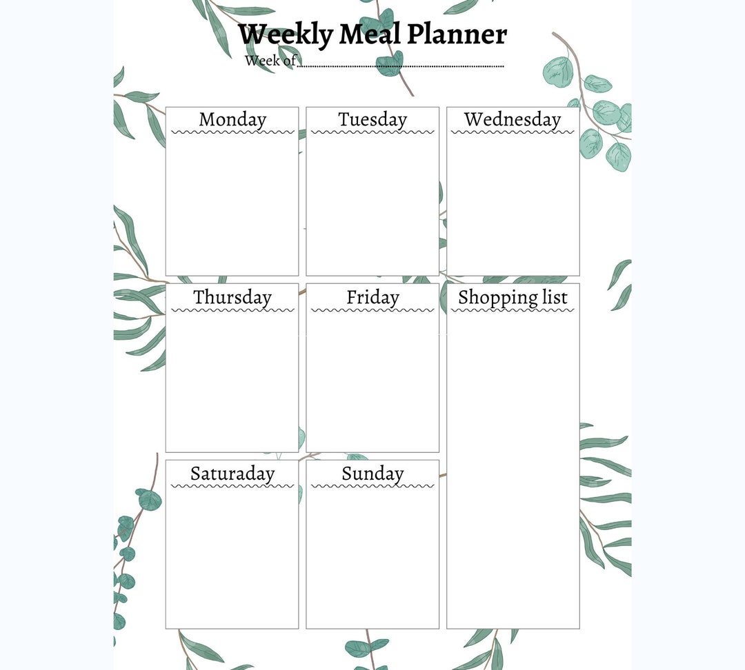 Printable Weekly Meal Planner Plants Themed Portrait With - Etsy