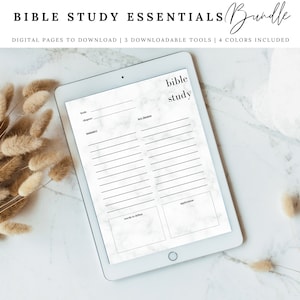 May include: A digital printable Bible study page with the text "bible study" at the top. The page is designed for taking notes and includes sections for book, chapter, key verses, summary, words to define, and application.