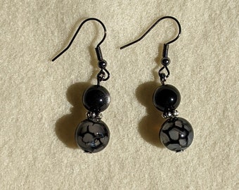 Black lace agate with Silver Obsidian Earrings