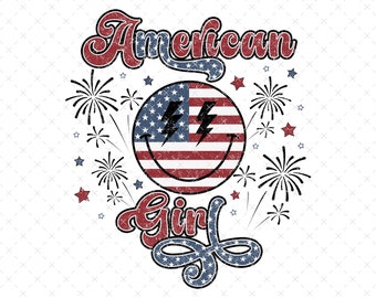 Retro 4th of July PNG, American Girl PNG, 4th of July Shirt Design, America PNG, American Flag Sublimation, Happy Face Sublimation