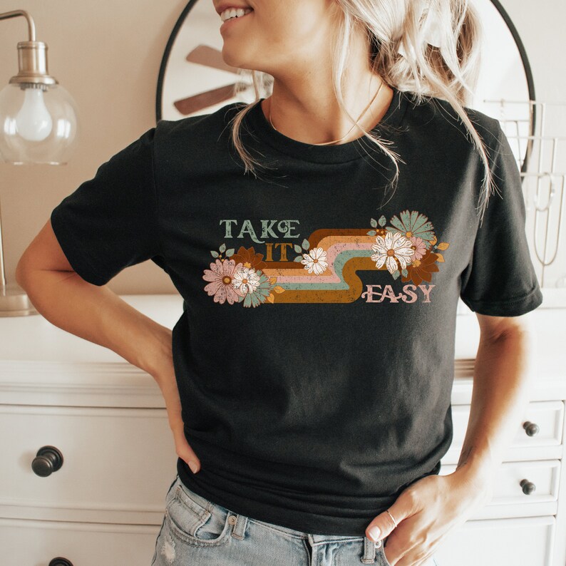 Retro Flower Sublimation Design for T-Shirts, Digital PNG Take It Easy Design, 80s Vintage Floral PNG. Retro Sublimation Designs for T-shirts. Distressed retro Sublimation designs for tumblers and tees.