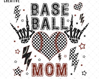May include: Black and white checkered heart with a baseball stitch design, surrounded by black skeleton hands with rock and roll hand gestures. The text "BASEBALL MOM" is in red with a distressed look. The background is white with black and red checkered hearts, stars, and lightning bolts.