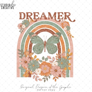 May include: A retro-style rainbow with a butterfly in the center, surrounded by flowers. The word "DREAMER" is written above the rainbow.