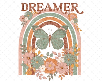 Boho Butterfly PNG, Dreamer PNG, Hippie Design for T-Shirts, Vintage Floral png, Boho png, Graphic Print for Shirts, Hippie Sublimation
