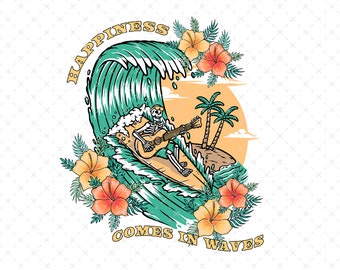 Happiness Comes in Waves PNG, Floral Beach PNG, Boho Summer PNG, Surfing png, Summer Sublimation , Hawaiian Sublimation