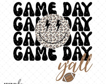 Game Day Y'all PNG, Cheetah Football Sublimation Design for T-Shirts, Digital PNG Football Animal Print,  Game Day Happy Face Football