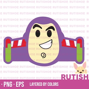 Puede incluir: Un gráfico de dibujos animados de una cara de personaje en morado y amarillo claro, con una boca sonriente, ojos negros y un remolino en la barbilla. Tiene alas a rayas rojas y blancas. El texto "SVG • PNG • EPS LAYERED BY COLORS" está en la parte inferior.