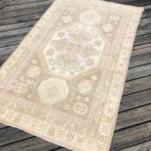 Vintage Kazak Rug | 4x7 Beige Vintage Rug | Living Room Area Rug | Geometric Design Rug | Faded Floor Carpet | Oriental Rug