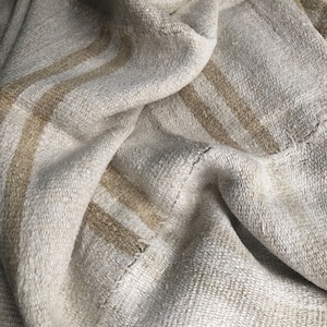IVORY HEMP KILIM, Vintage Turkish Kilim Rug with Hemp Yarn, Minimalist Double Stripes Design, Three Panels 5'9"x10'4"
