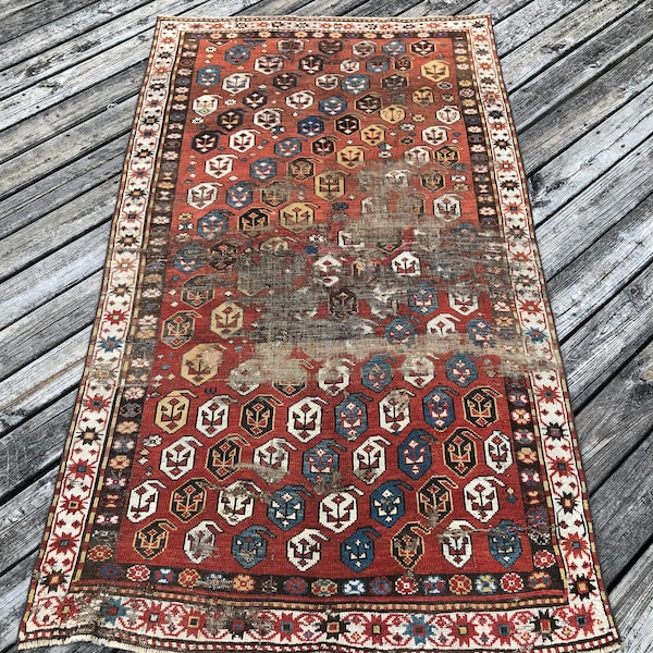 Worn Antique Kazak Rug | Boteh Design | Living Room Rug | Ethnic Floor Rug | Antique Turkish Rug | Faded Floor Carpet | Bohemian Area Rug