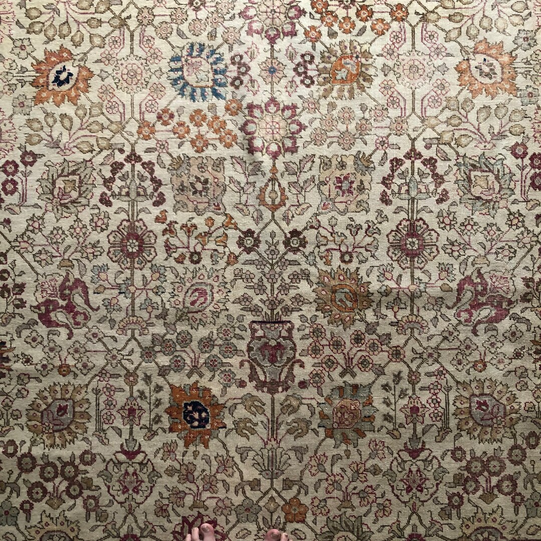 7x10 LARGE VINTAGE TEBRIZ Rug, Ivory Allover Floral Design, Authentic