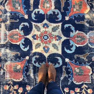 Alfombra persa antigua desgastada de gran tamaño: alfombra de lana con diseño floral de 23 x 30 cm