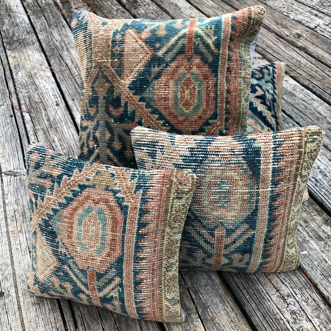 Vintage Rug Cushion Cover Beige Blue Rust Cushion Cover MCM Pillow