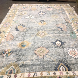 Handmade Floral Oushak Rug: Gray Blue Organic Wool (9&#39;8&quot;x14&#39;4&quot;)