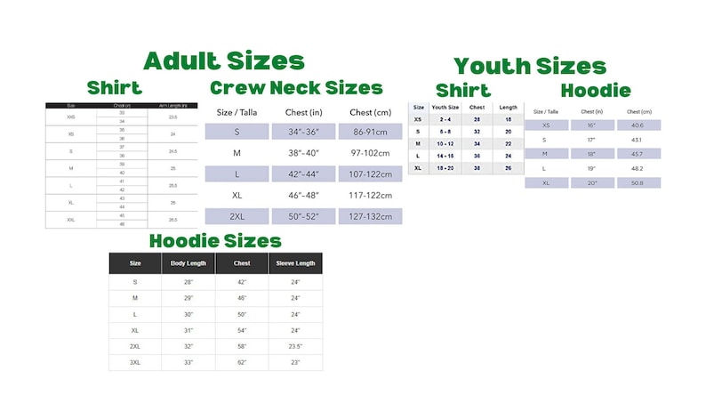 Op de afbeelding: Maattabel voor shirts en hoodies voor volwassenen en jongeren. De tabel toont de maten in inches en centimeters voor shirts met ronde hals, hoodies en shirts voor jongeren. De tabel bevat ook de maten voor lichaamslengte, borst en mouwlengte voor hoodies.