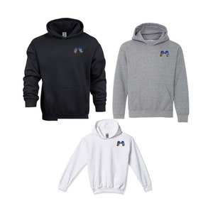 Op de afbeelding: Drie hoodies in zwart, grijs en wit met een klein geborduurd ontwerp op de linkerborst. Het ontwerp toont twee blauwe en gouden bokshandschoenen.