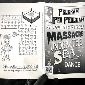 May include: Black and white printed page featuring a maze, a wrestling ring illustration, and a cartoon character named Cerealman. Text includes "Cerealman is LOST!" and "MASSACRE UNDER THE SEA DANCE".