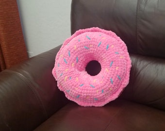 Large Donut Pillow Crochet Plushie Chocolate w/Pink Frosting and Sprinkles Food Handmade Amigurumi Plush