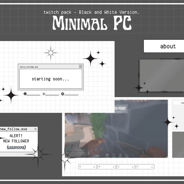 Minimal PC Twitch Pack Black and White Ver. | Twitch Overlays | Twitch Panels | Twitch Alerts | Animated Scenes | Simple Twitch Overlay